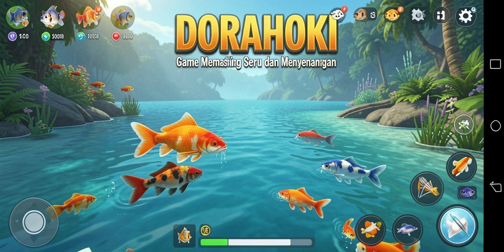Tampilan gameplay DORAHOKI dengan ikan dan pemandangan yang indah.