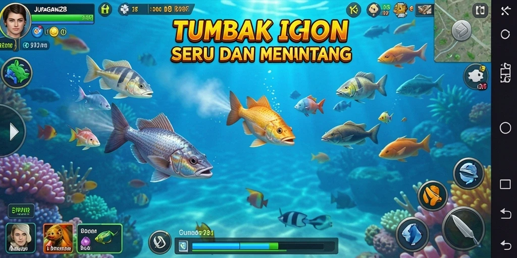Tampilan gameplay seru dalam JURAGAN28 saat menembak ikan.
