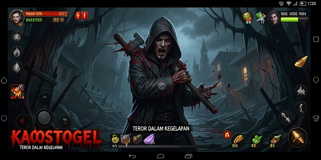 Screenshot KAOSTOGEL menunjukkan suasana horor yang mencekam.