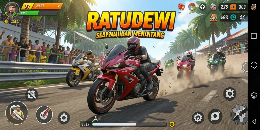 Screenshot gameplay <strong>RATUDEWI</strong> menampilkan balapan motor yang mendebarkan.