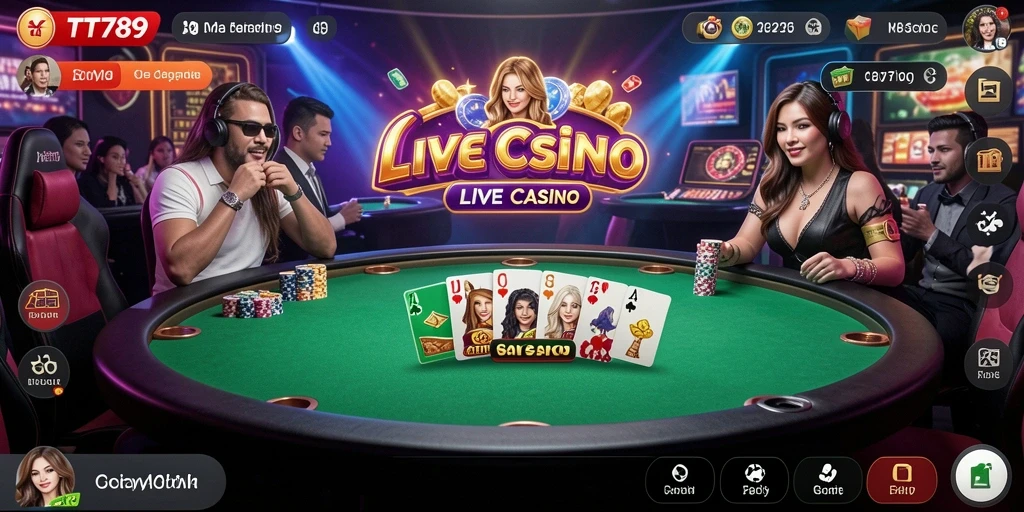 Tangkapan layar gameplay yang menampilkan dealer langsung dan suasana kasino.