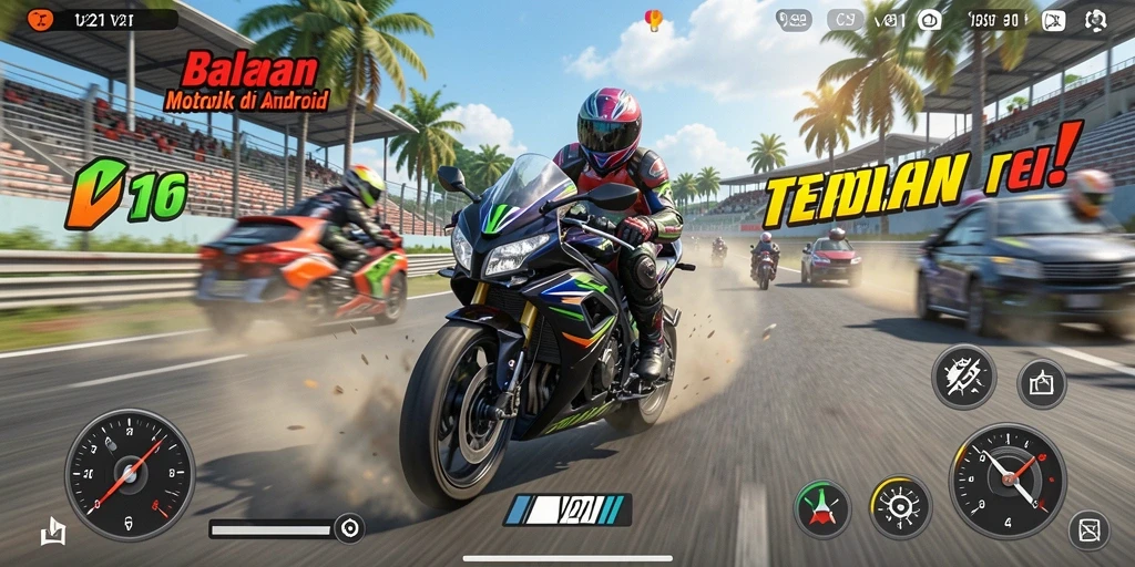 Gameplay V21 yang mendebarkan dalam balapan motor.
