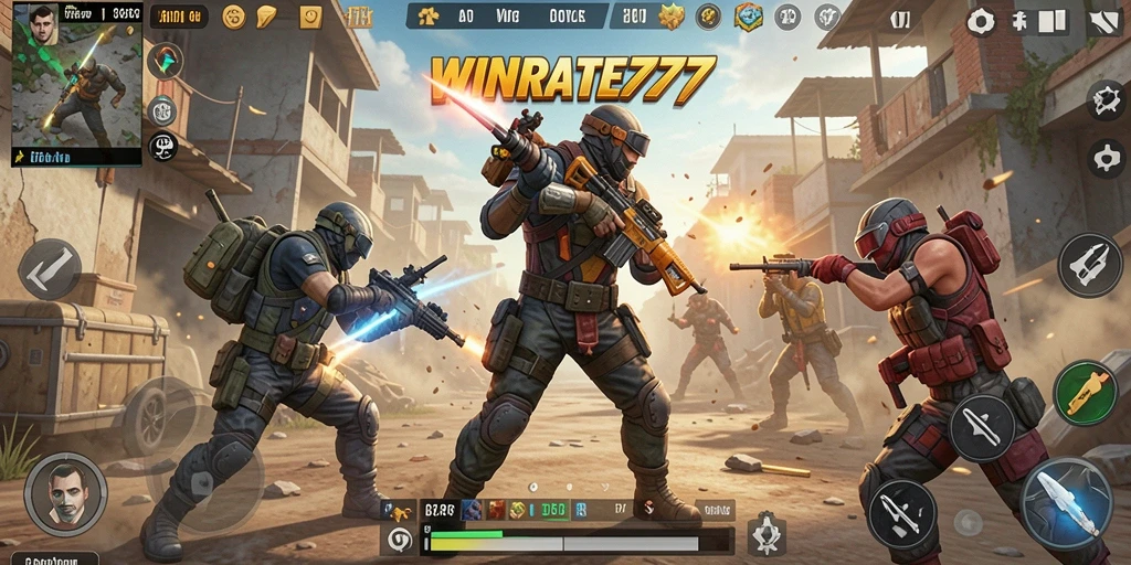 Screenshot gameplay WINRATE777 menampilkan aksi mendebarkan dalam pertarungan Battle Royale.